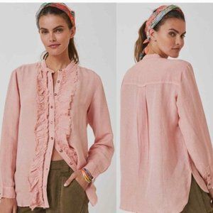 Pilcro Anthropologie Peachy Pink Placket Linen Ruffle Button Down Blouse XL